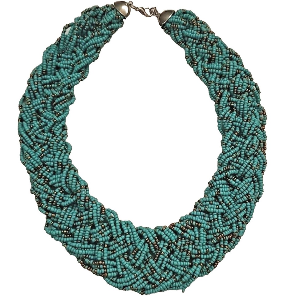 Turquoise Braided Seed Bead Bib Necklace Women OS Teal Multi-Strand 16"X1.5" - Picture 2 of 9